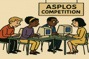 Contestants at computers under a sign reading "ASPLOS Competition"